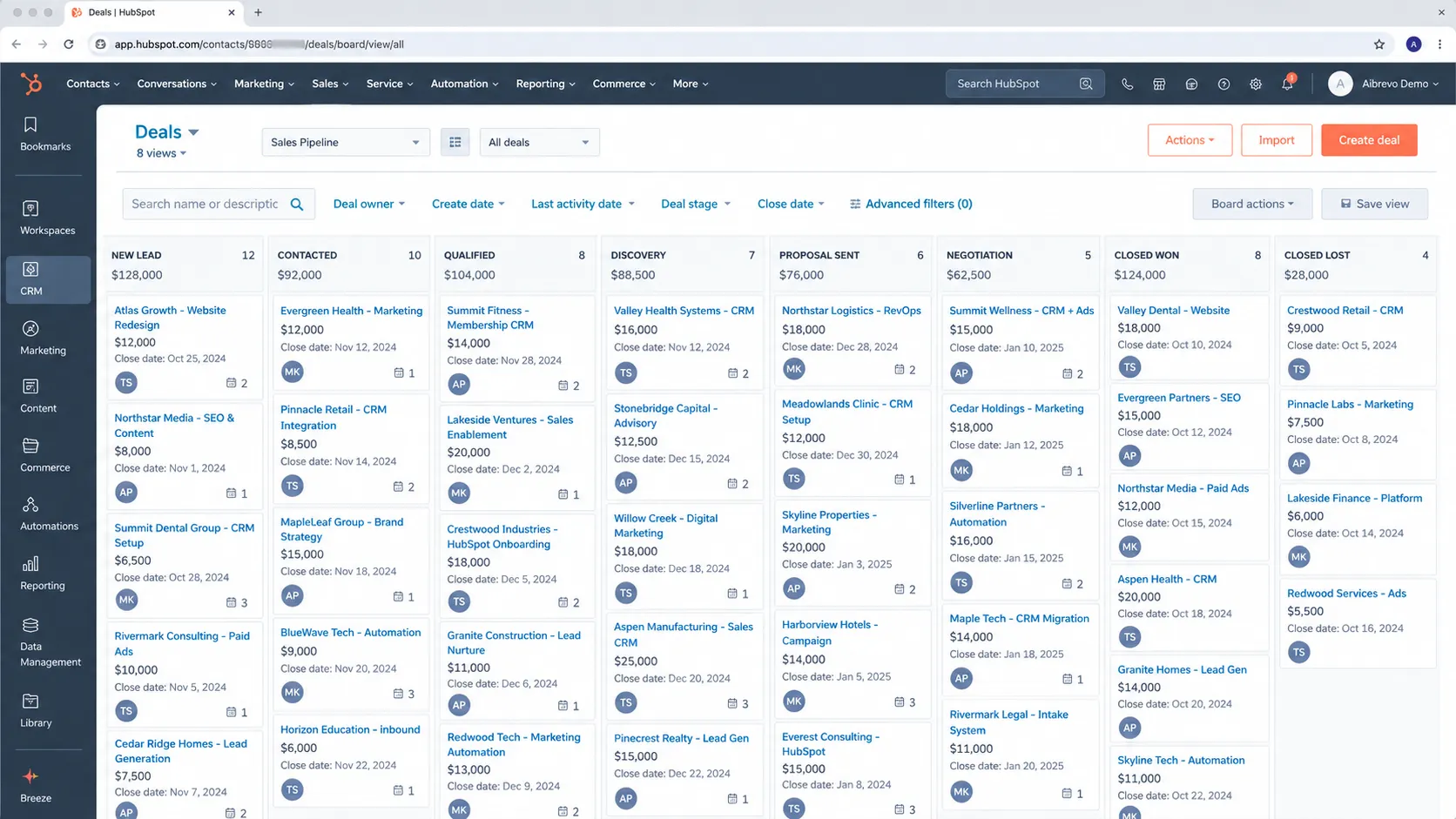 A HubSpot Deals board showing pipeline stages from New Lead through Closed Won with deal cards.