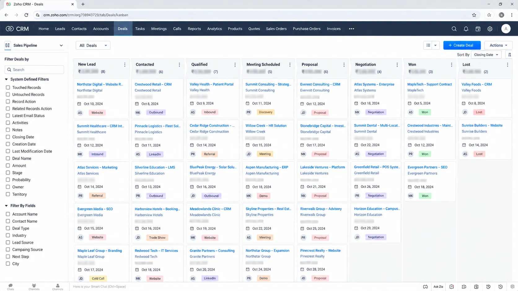 A Zoho CRM Deals kanban board showing pipeline stages from New Lead through Won and Lost.