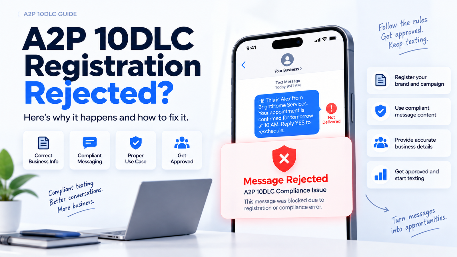 A2P 10DLC registration rejected notification on a phone showing a blocked SMS message