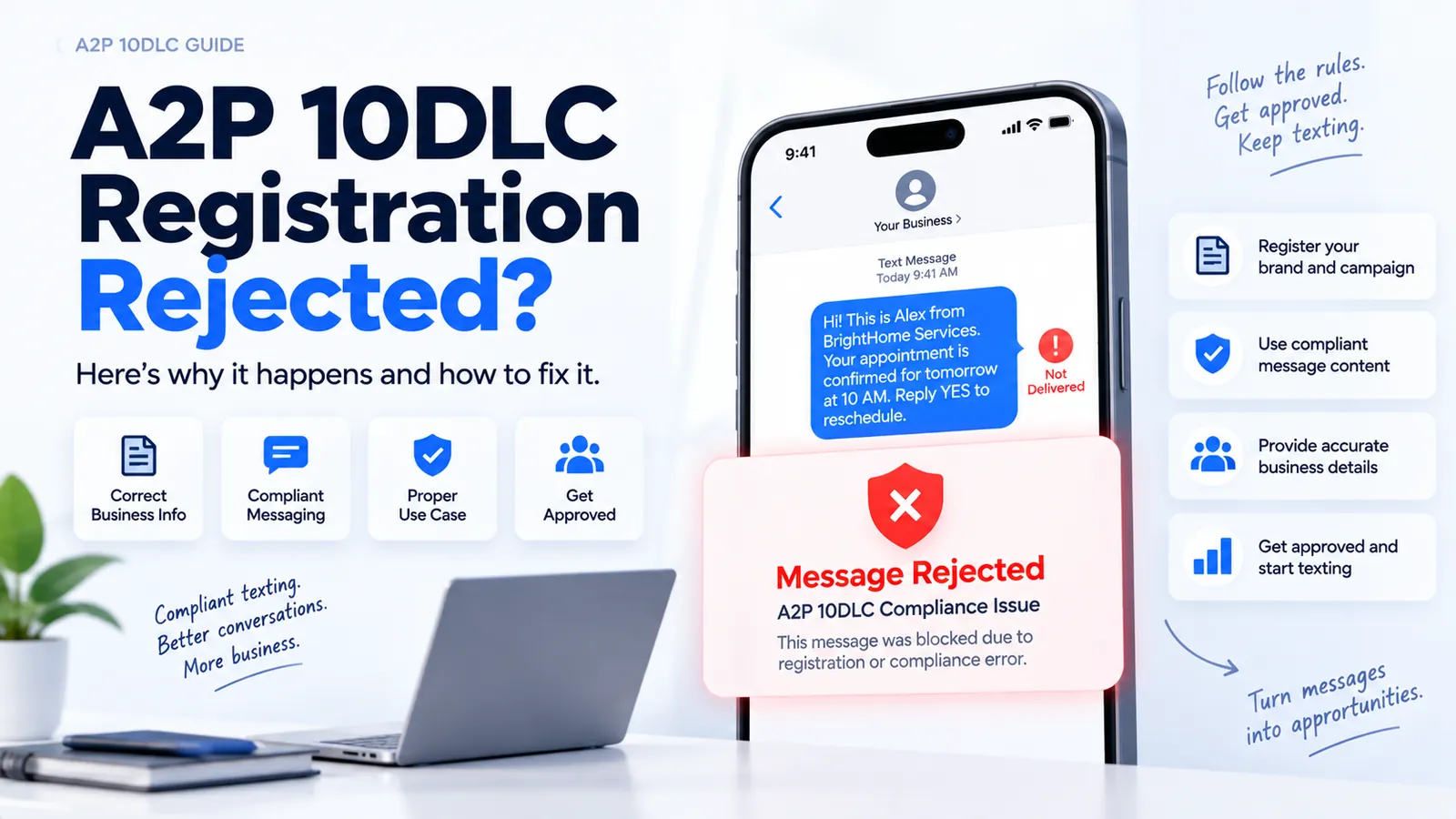 A2P 10DLC registration rejected notification on a phone showing a blocked SMS message