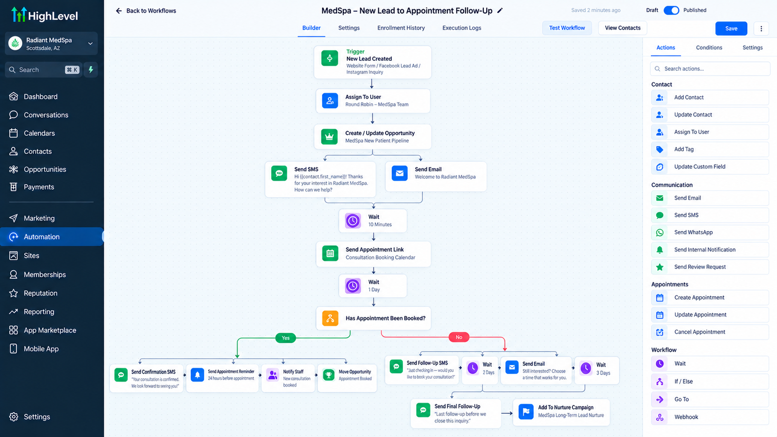 GoHighLevel lead and appointment automation workflow for a med spa